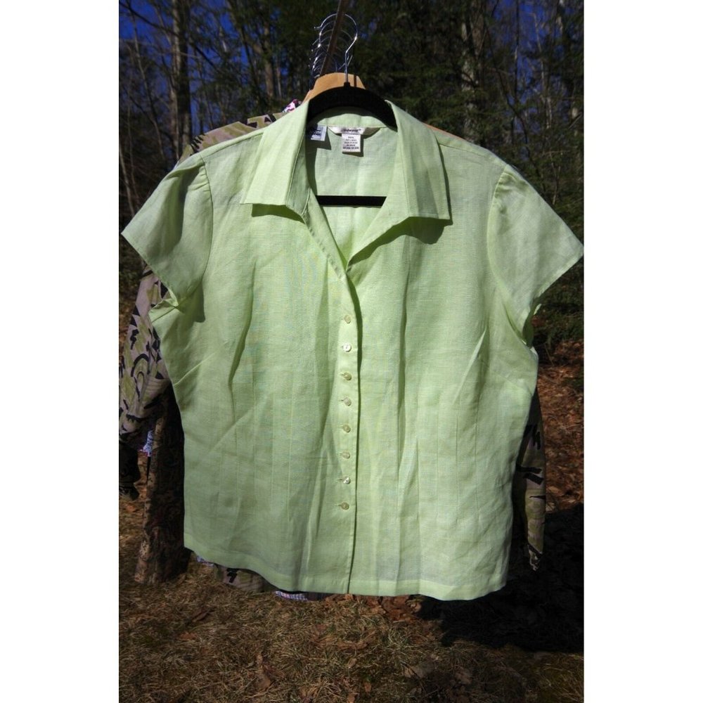 Women's XL 100% Linen 90s Vintage Spring Green Pin-tuck Cap Sleeve Shirt